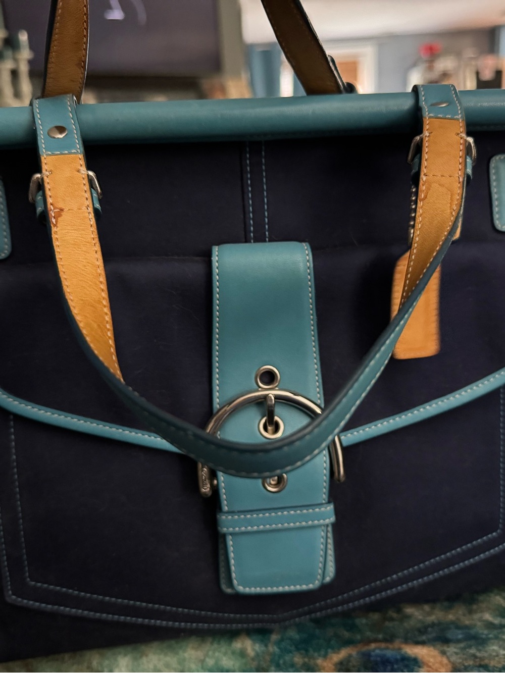 Coach Navy and Teal Leather-Trim Tote